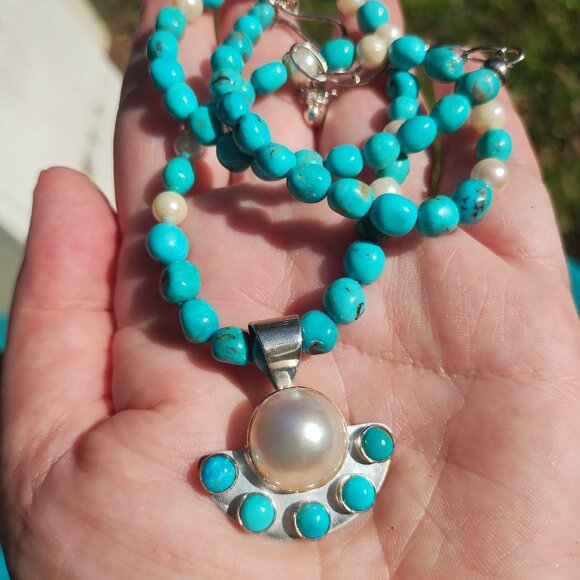 Jay King DTR mine finds Turquoise Mabe pearl necklace pendant 925 Sterling Silve - Picture 3 of 6